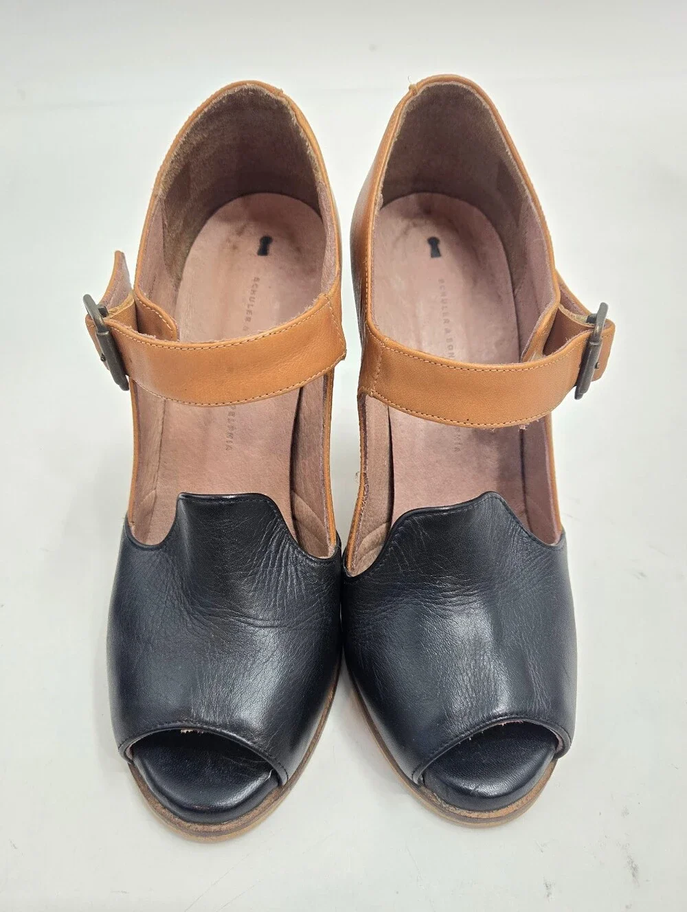 Anthropologie Schuler And Sons Two Tone Leather Block Heel Mary Jane Black Tan